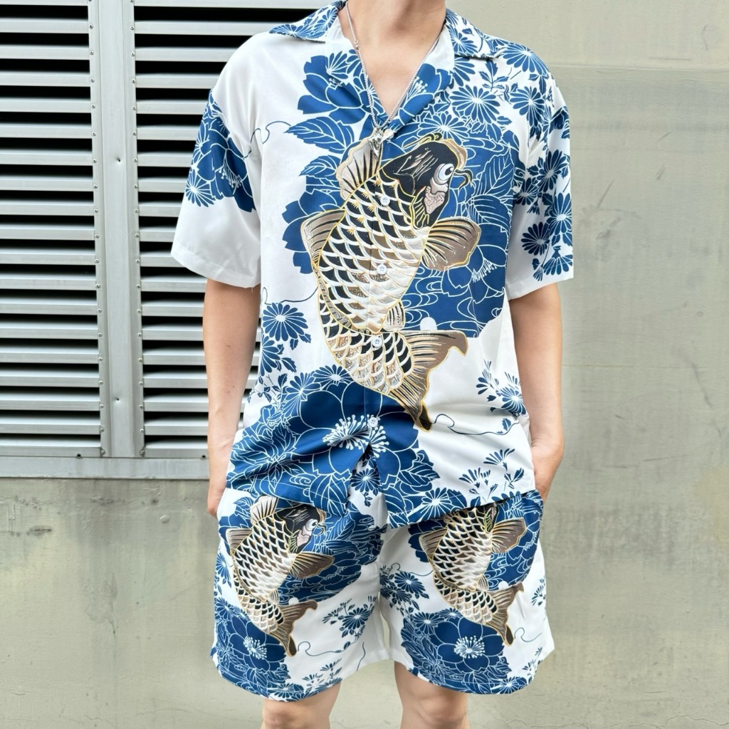 ชุดเช็ตฮาวาย ไหมอิตาลี ลื่นใส่สบาย ลายปลาคร๊าฟ ลายมังกร แมวญี่ปุ่น