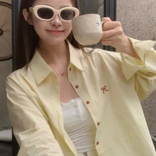 เสื้อเชิ้ตแขนยาวปักโบว์ ผ้าคอตตอน เกาหลี สีพาสเทล wanwan clothing