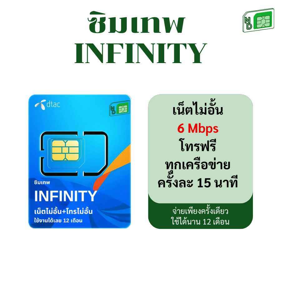 ซิมเน็ตรายปี 5G ซิมเทพ Dtac Infinity 6Mbps เน็ตไม่อั้นไม่ลดสปีด โทรฟรีทุกเครือข่าย