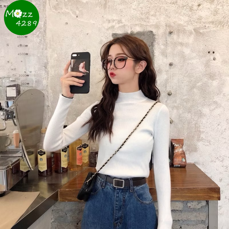 MQzz4289 พร้อมส่ง เสื้อไหมพรมแขนยาว เสื้อคอเต่า สีพื้น Freesize