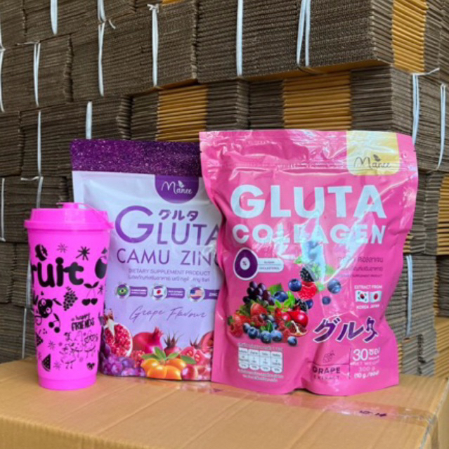 Manee แถมแก้ว Gluta Collagen โปร 2 รส (2ห่อ 60ซอง) กลูต้ามณี คามูซิงค์ + กลูต้าคอลลาเจน กลูต้ามดซี่ มณีกลูต้า Manee