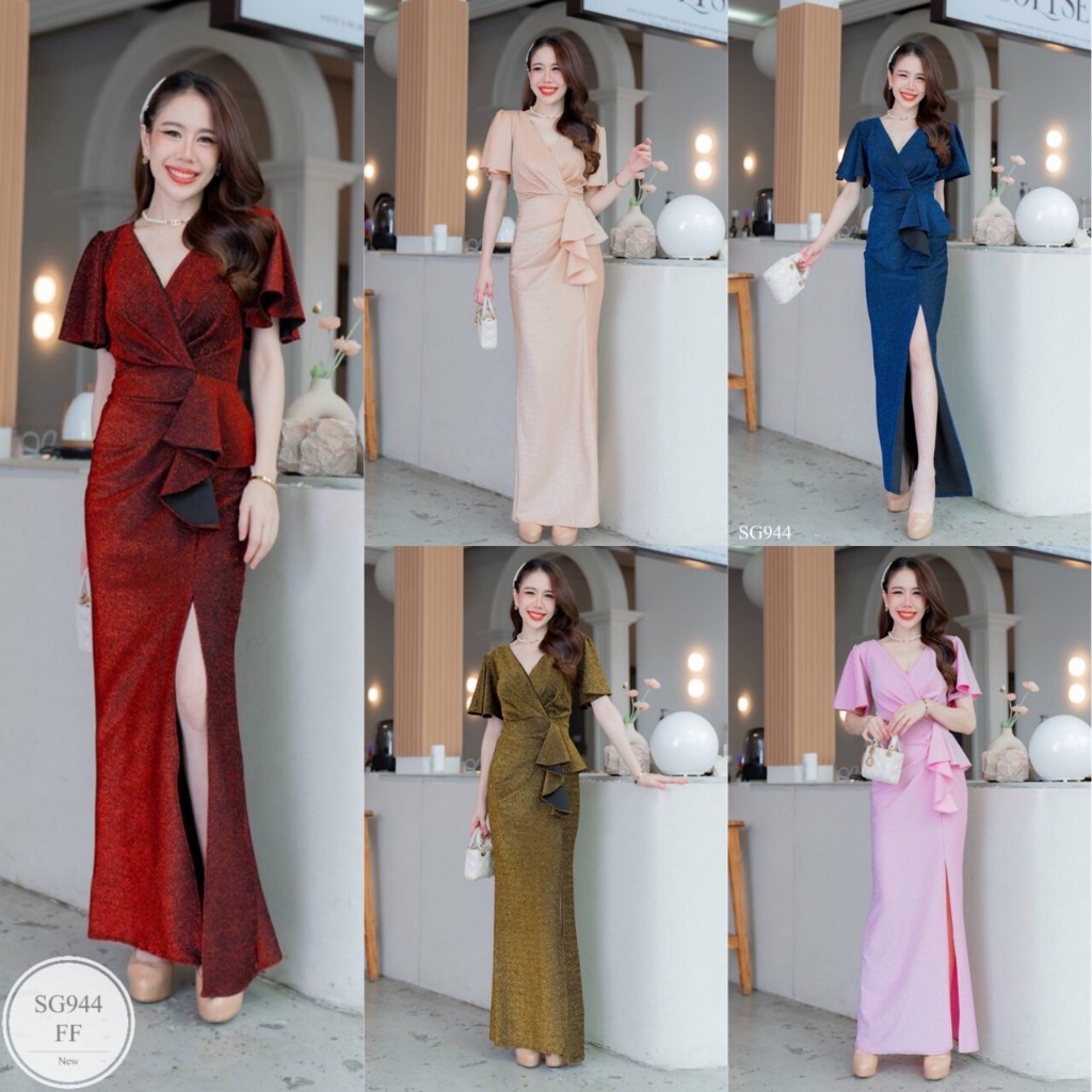 SG944 เดรสออกงาน #สาวอวบใส่ได้ ผ้ากลิตเตอร์วิ้งวับ ยืดได้เยอะ ใส่สบาย พรางแขนพรางหุ่นได้ดี