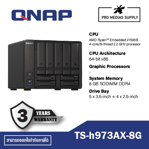 QNAP TS-h973AX-8G 	AMD Ryzen™ Embedded V1500B 4-core/8-thread 2.2 GHz processor