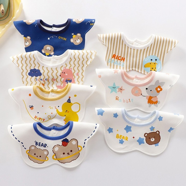 Babyonline(R121)OF3-G3 [ลดล้างสต็อก ] ผ้าซับน้ำลายเด็กทารกแบบคอบรอบคอแต่งโบว์ผ้า 2 ชั้น กันน้ำได้ กระดุมปรับได้