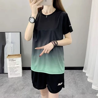 ชุดกีฬา เสื้อยืด+กางเกงขาสั้น ผ้าเบา Run เสื้อยืดคอกลมสีพื้น สำหรับใส่วิ่งและออกกำลังกาย