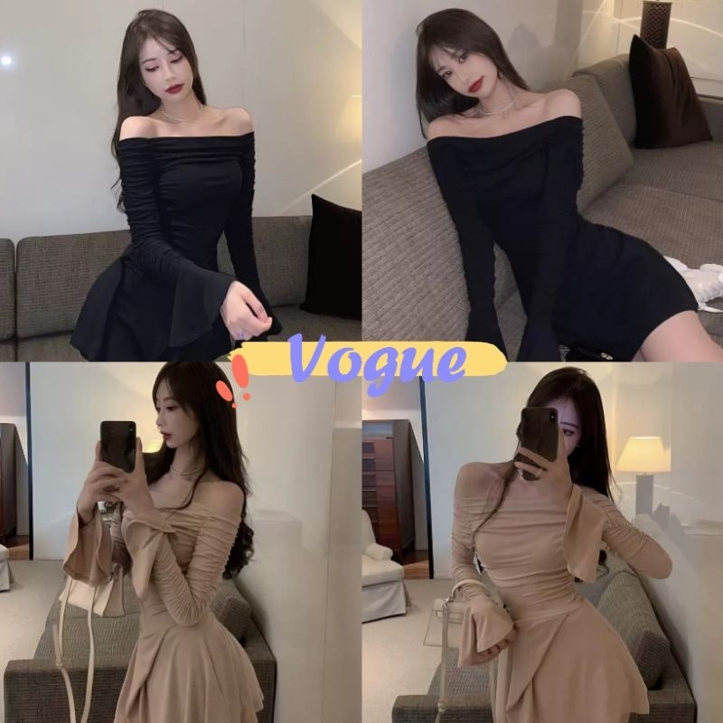 Vogue พร้อมส่ง ชุดมินิเดรส เปิกไหล่แขนยาว สีพื้น ใส่ง่ายรัดพอดีตัว (FY2190)