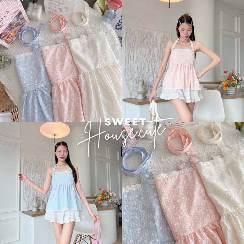 SweetHouse #378 เสื้อสายเดี่ยวคล้องคออะไหล่ดอกไม้มีกากเพชร น่ารักไม่ซ้ำใครแน่นอนน