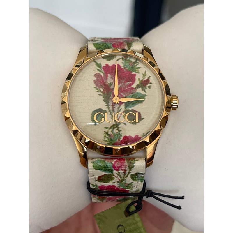 Gucci G Timeless Watch YA1264084 126.4 SS GP Leather Flower Quartz Ladies