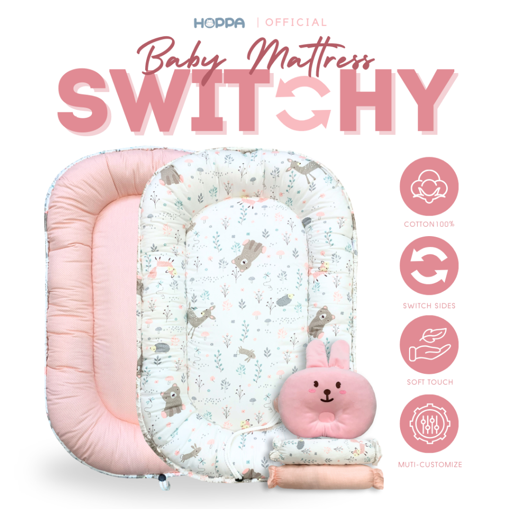 HOPPA ที่นอนเบาะไข่ รูดขอบได้ ผ้า cotton 100% ใช้ได้ทั้ง 2 ด้าน หมอนหนุนแฟนซี+หมอนข้าง 2 ใบ ที่นอนเด็ก เบาะนอนเด็ก