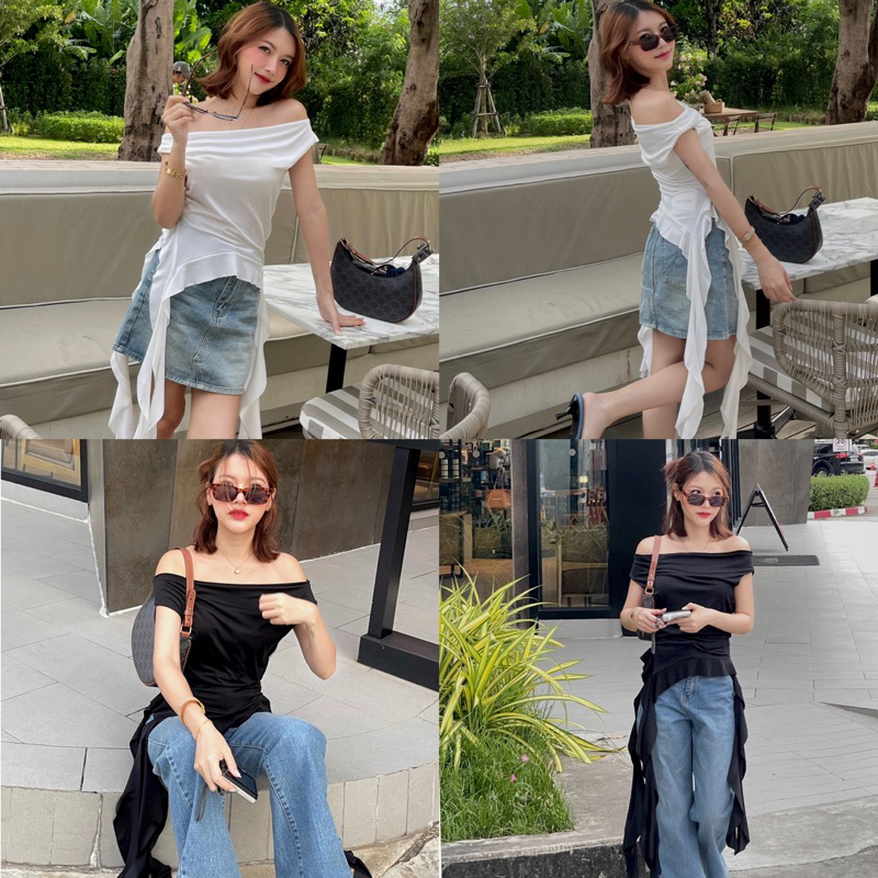 M08- เสื้อปาดไหล่แมงกะพรุน น่ารักมาก ผ้ายืดใส่สบาย ไม่บางน้า