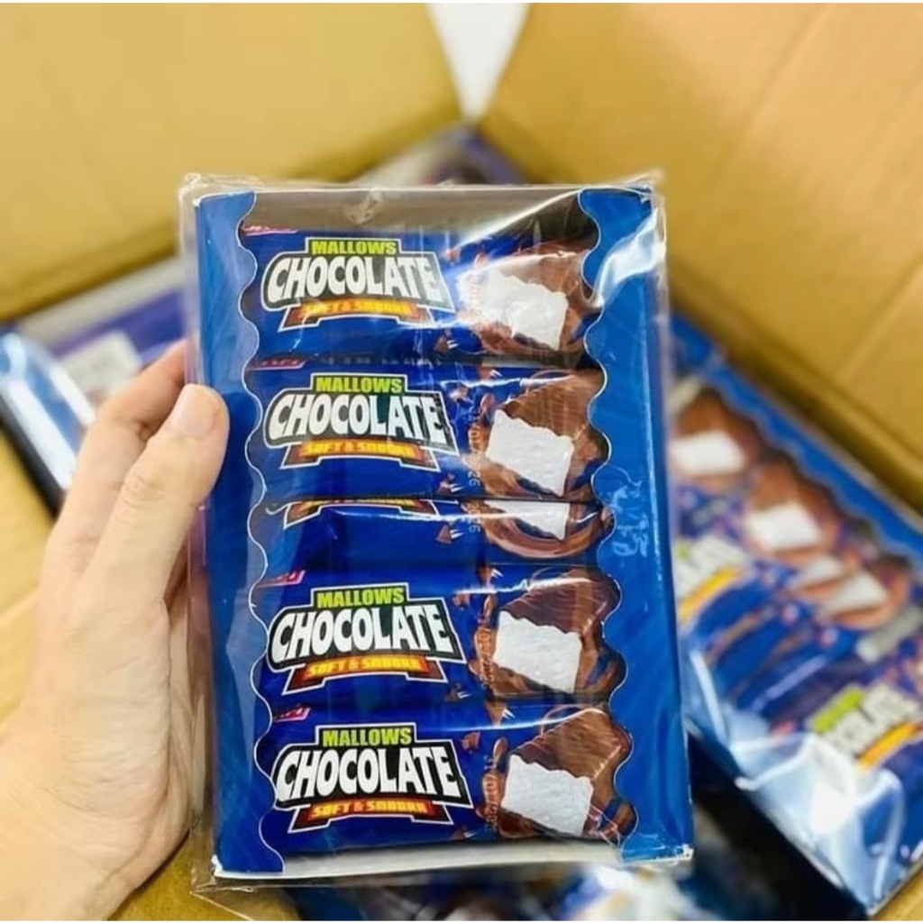￼MALLOWS มาร์ชเมลโล่ เคลือบช็อกโกแลต 1 กล่อง 24 ชิ้น มีฮาลาล