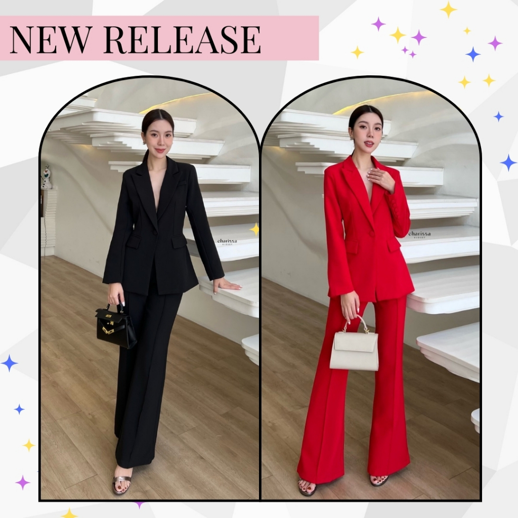S-XL 2 สี แดง ดำ เซ็ทสูทสวยๆ สูทวัยรุ่น + กางเกงขายาว งานป้าย Charissa สูททำงานไม่แก่ ชุดเซ็ททำงาน