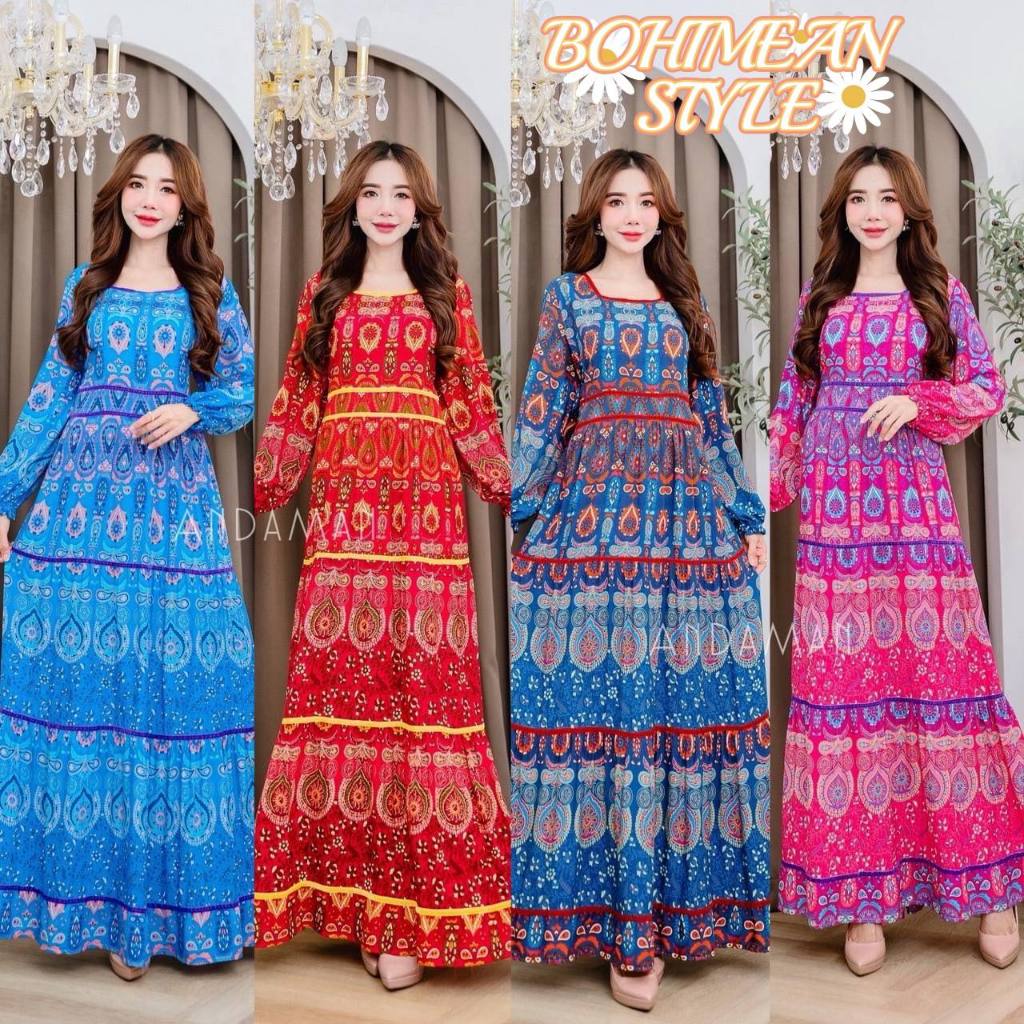 DRESS BOHEMIAN ชุดเดรสสไตล์สสาวอินเดียสีสันสดใสสวยหวาน เดรสสาวอวบใส่เที่ยว แฟชั่นโบฮีเมียนออกงาน ชุดตุรกี ราคา ถูกที่สุด ดีลบีเคเค