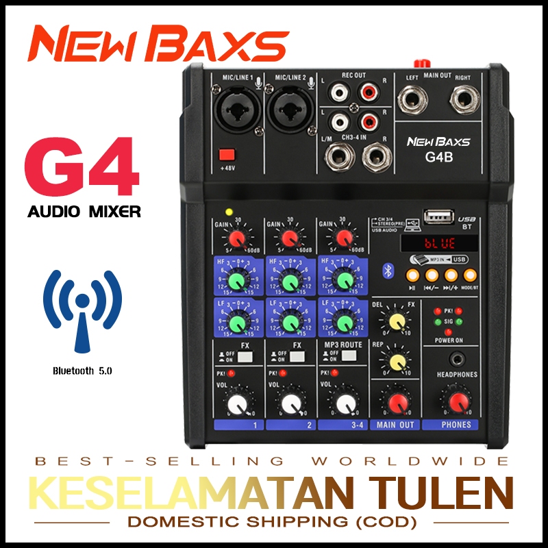 NEW BAXS G4B มิกเซอร์มืออาชีพ 4 ช่องสัญญาณ 48V phantom switch, เอฟเฟกต์เสียงสะท้อน, รองรับการเล่น PC/USB/MP3/บลูทูธ, DJ