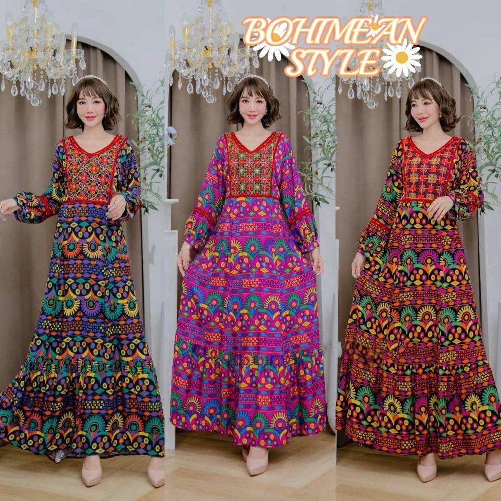 BOHEMIAN DRESS เดรสตัวยาวผ้าพิมพ์ลายอินโดสไตล์โบฮีเมียน ชุดสาวอวบ เสื้อผ้าใส่ออกงานเกษียณ เดรสแฟชั่นอินเดีย