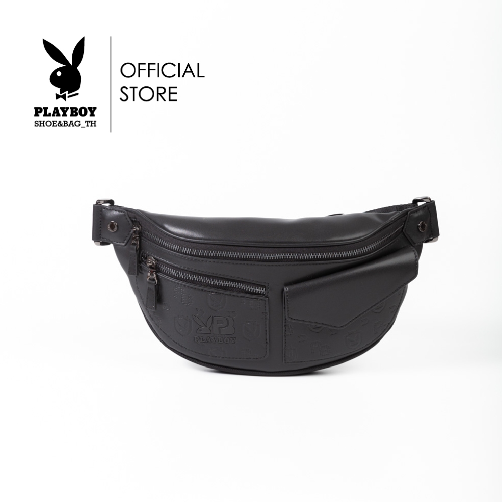 Playboy:รุ่น Cooper Men's Chest bag กระเป๋าคาดอกคาดเอวผู้ชายST-B243PBM290-BK ดีไซน์แต่งกระเป๋าหน้า หนังปั้มโลโก้ สีดำ