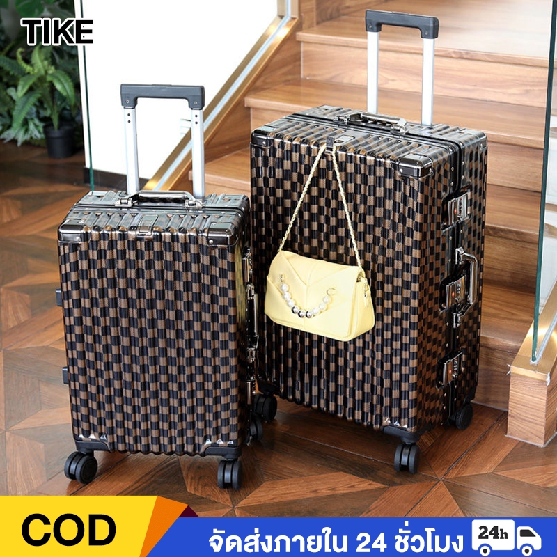 TIKE กระเป๋าเดินทาง กรอบอลูมิเนียม luggage ล้อลาก 20/24/28 นิ้ว วัสดุ PC กันน้ำ มีตะขอแขวน ใส่แก้วน้ำน้ำหนักเบา