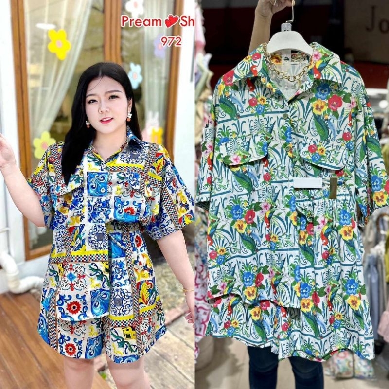 ชุดเซ็ทสาวอวบพลัสไซส์ ผ้าเปลือกไม้นิ่มๆ เสื้อ+กางเกงขาสั้น งานป้ายPream ชุดแฟชั่นสาวอวบ