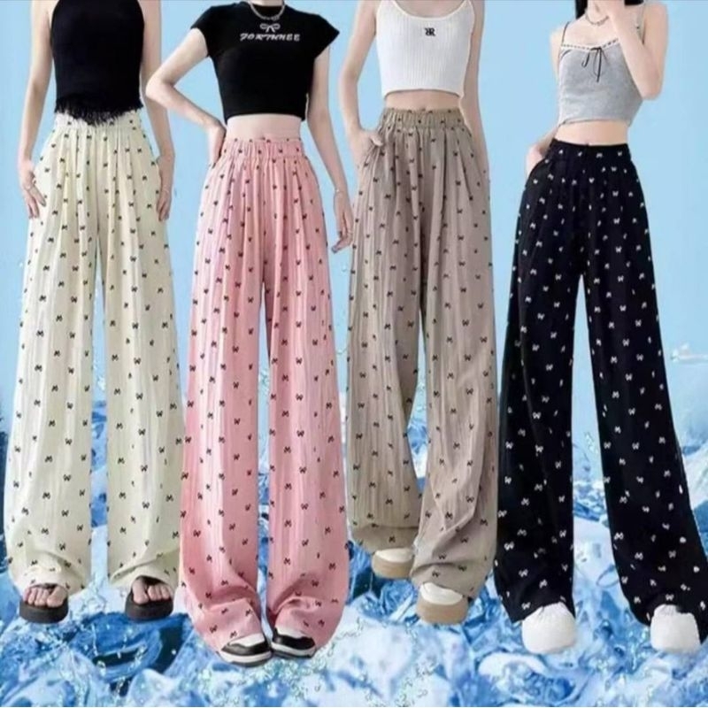 กางเกงลายโบว์ ขากว้าง ผ้าเย็น ใส่สบาย สไตล์มินิมอล