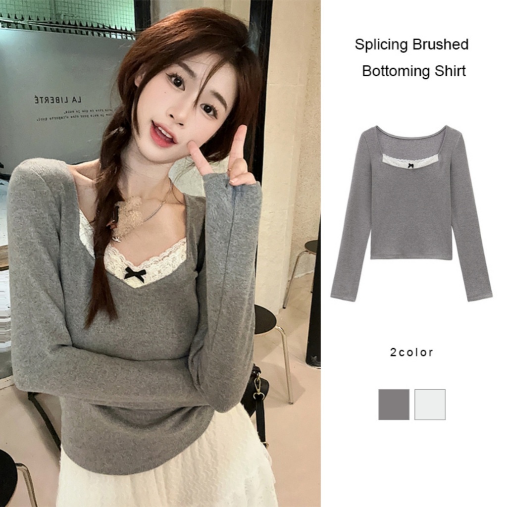 พร้อมส่งจากไทย M-XL เสื้อถักผู้หญิง เย็บหลอกสองชิ้น แพทช์เวิร์ค ลูกไม้ แต่งโบว์ สไตล์ลำลอง LIVE