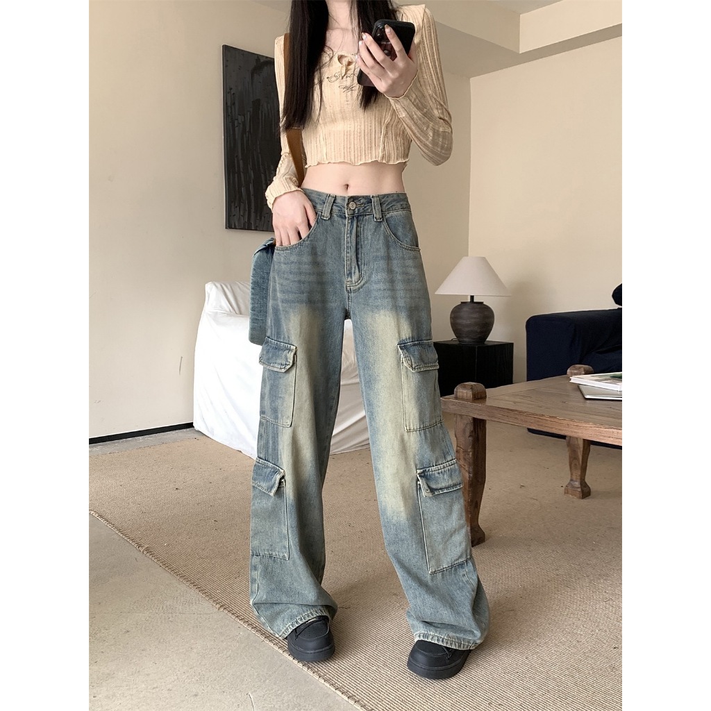 ไซส์ XS-3XLWomen's summer new American high street retro jeans niche high waist wide leg large size pants