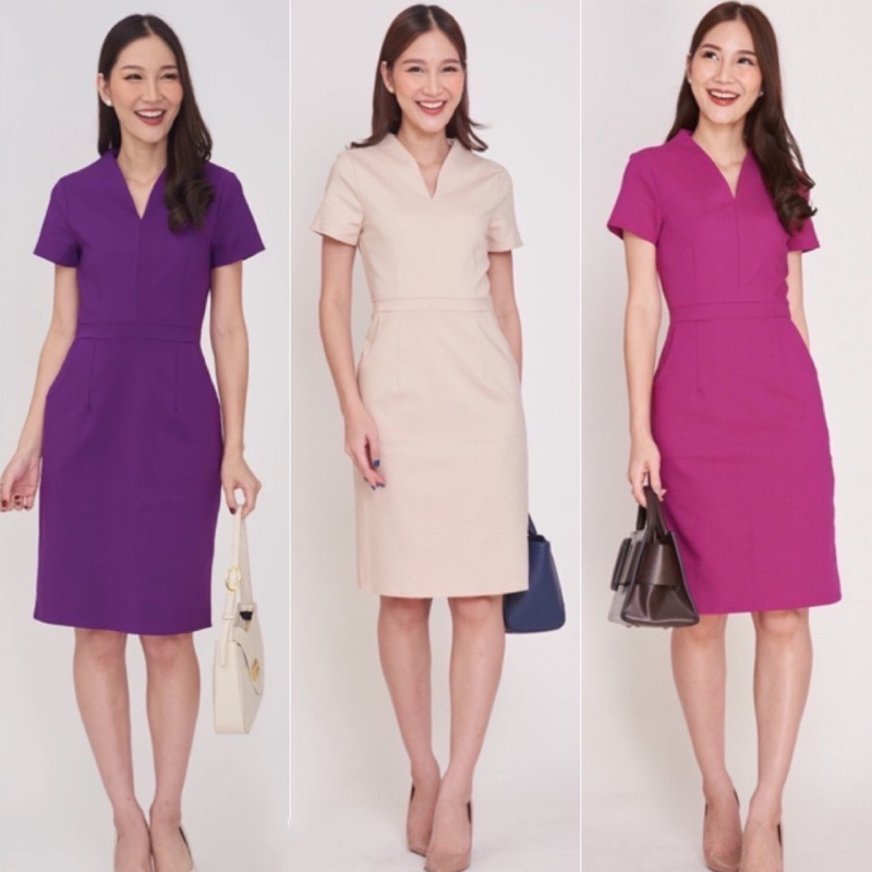 ✅   มี 10 สี เดรสสีพื้น ทรงคอวีปีน Laboratory brand S-3XL ✅