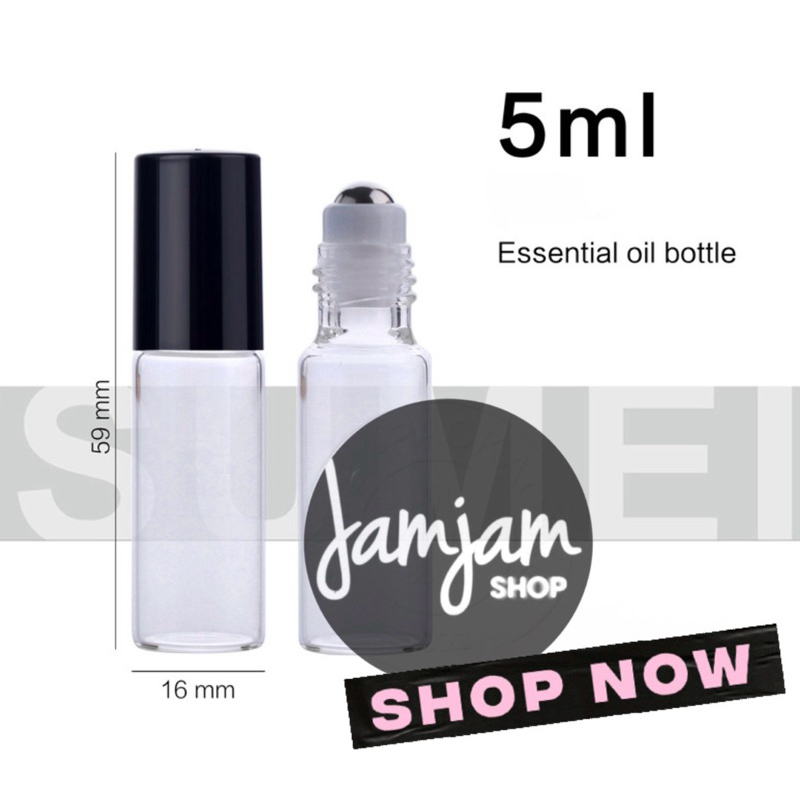 ขวดแก้วลูกกลิ้ง Glass roller bottles ขนาด 5ml. (สูง5.9cm.) ฝาสีขาว/ฝาสีดำ