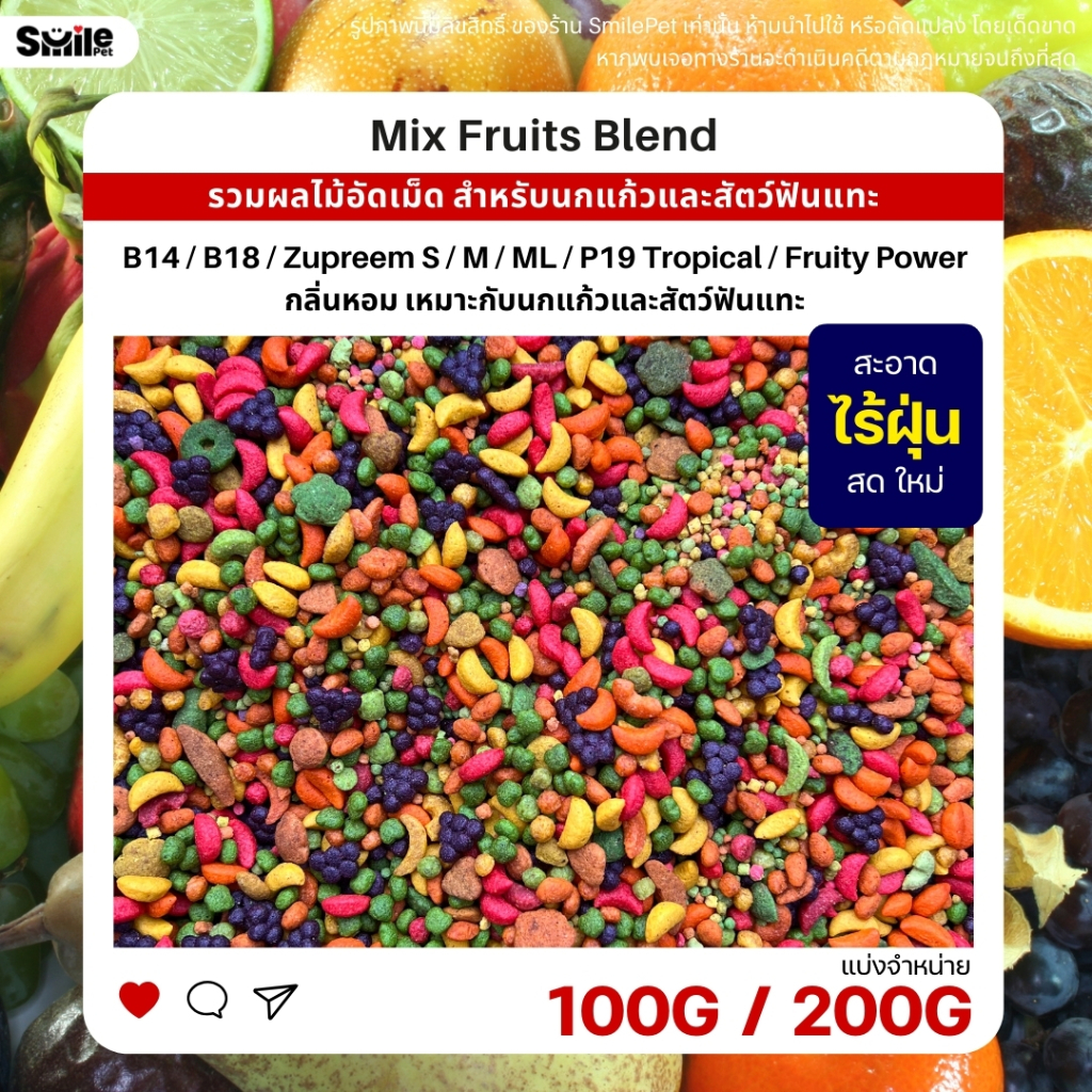 Mix Fruits Blend รวมผลไม้อัดเม็ด สำหรับนกแก้วและสัตว์ฟันแทะ (แบ่งขาย 100G / 200G)