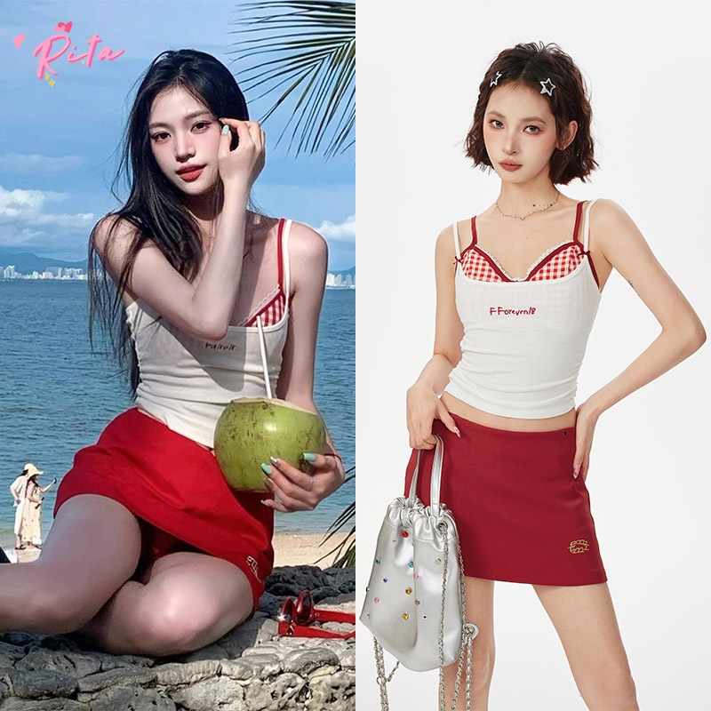 Rita พร้อมส่ง เสื้อสายเดี๋ยวเซ็กซี่ผู้หญิง เสื้อครอป set 2ชิ้น มีฟองน้ำ croptop Y2k บราแต่งโบว์ หลังสม็อกยาง สไตล์เกาหลี