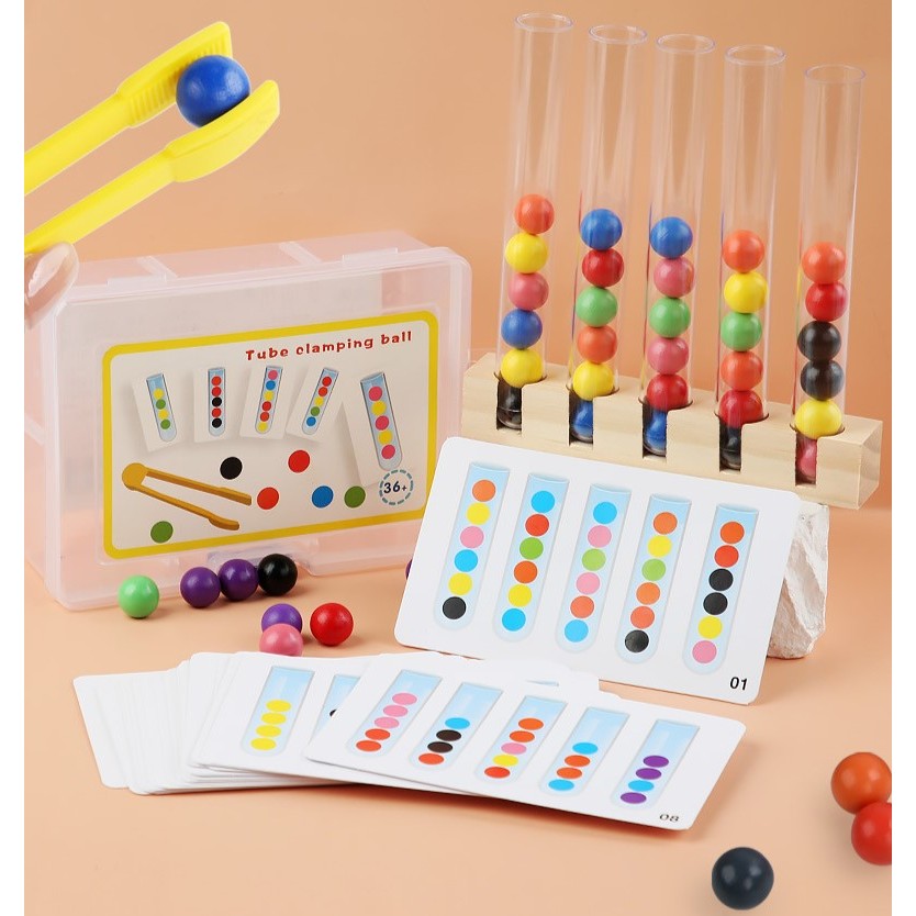 ของเล่นเรียงสีลูกปัดลงหลอด แยกสี clip beads Montessori ชุดคีบลูกบอลไม้ลงหลอดตามโจทย์แบบ 5 หลอด เสริมพัฒนาการ​สำหรับเด็ก