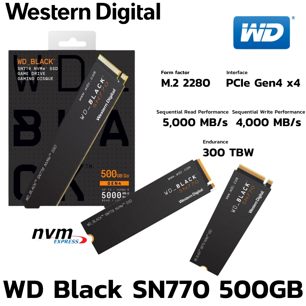 500 GB SSD (เอสเอสดี) WD BLACK SN770 - PCIe 4x4/NVMe M.2 2280 ประกัน Synnex