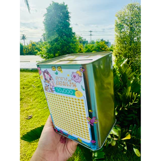 กระปุกออมสินปี๊บจิ๋ว รุ่นสูง 15 CM ทึบ พร้อมตารางออมและสติกเกอร์ตกแต่ง