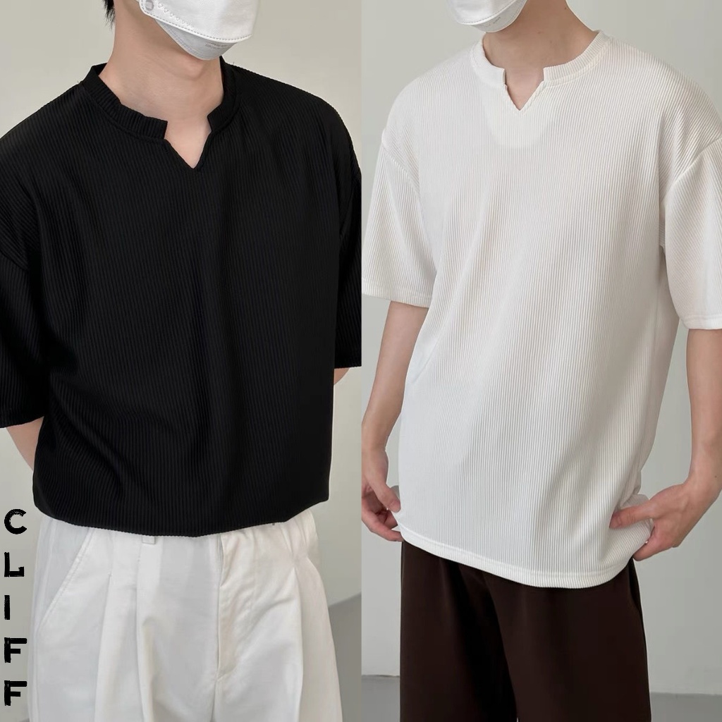 CLIFF แขนสั้นผู้ชาย เสื้อคอวี สีล้วน รู้สึกเย็นสบาย เสื้อยืดแบบบาง แบบหลวม ลำลอง