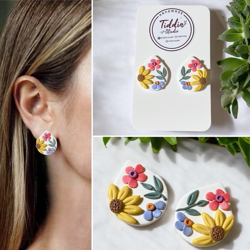 ต่างหูแฮนด์เมด Sunflower&Floral Size 2*2.5 Cm. น้ำหนักเบา Nickel free Hypoallergenic ไม่แพ้ไม่คัน แพ้ง่ายใส่ได้ค่ะ