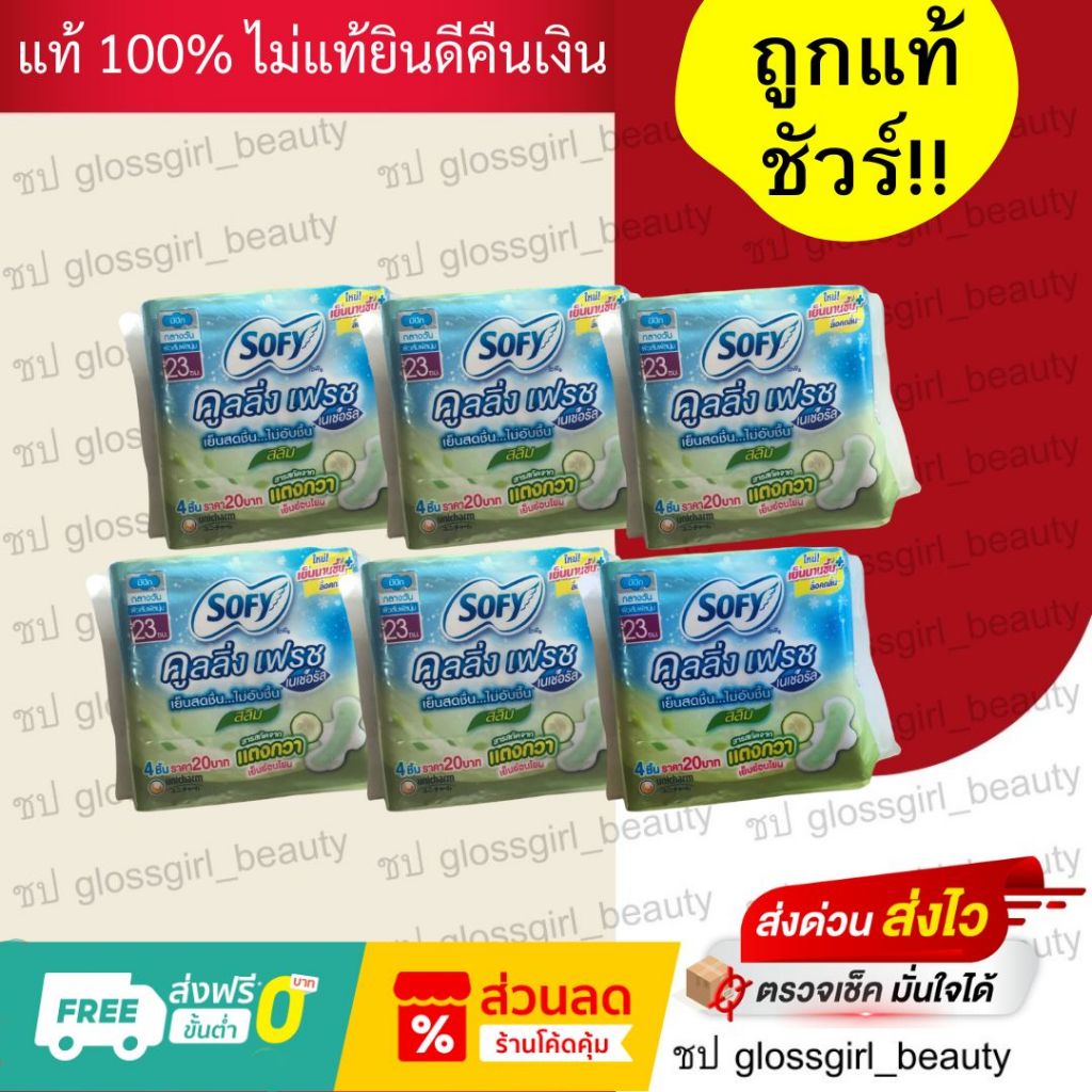 [ยกแพ็ค 6 ห่อ ]โซฟี คูลลิ่ง เฟรช เนเชอรัล สลิม ขนาด 23 ซม. 4 ชิ้น แพ็ค 6 ห่อ ผ้าอนามัย โซฟี Sofy Cooling Natural