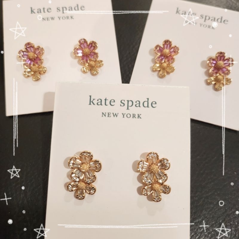 ต่างหู สร้อยคอ ดอกไม้ Fleurette Double Stud / Goldtone & Cubic Zirconia Flower Station Necklace