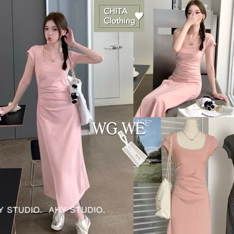 เดรสคอยู แขนล้ำ จับจีบด้านข้าง ผ่าข้างTAG WG.WE
