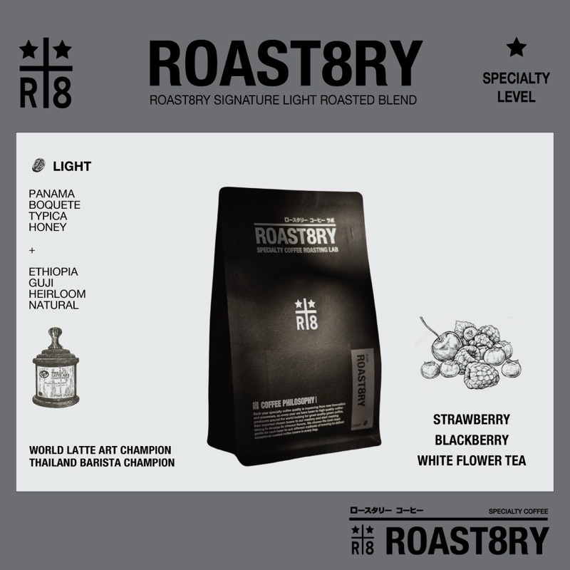 เมล็ดกาแฟคั่วอ่อน Roast8ry blend โทน Strawberry & Lychee สำหรับ Filter coffee