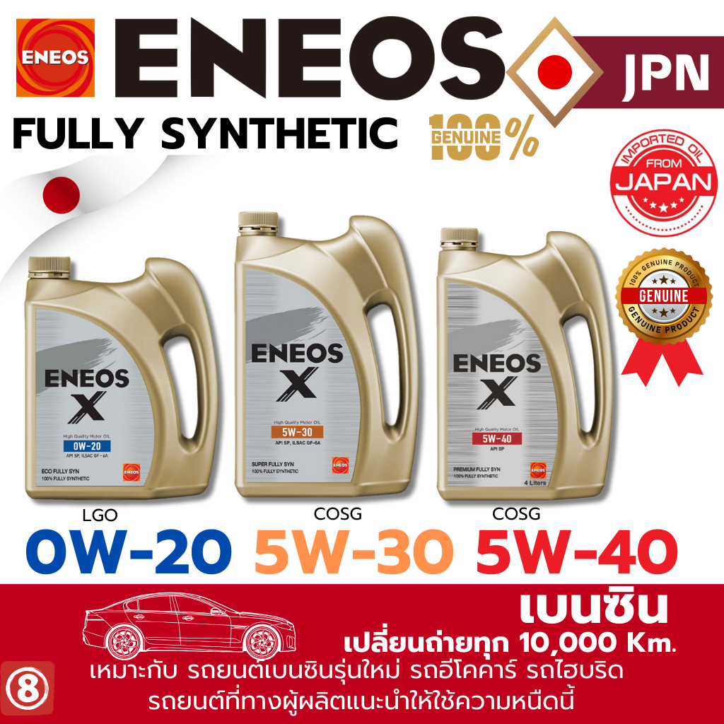 **LOTใหม่**ENEOS น้ำมันเครื่องสังเคราะห์แท้100% เบนซิน 0w-20 5w-30 5w-40 Fully Synthetic API