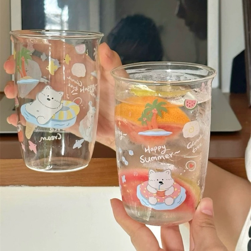 พร้อมส่ง🌤️ แก้วน้ำ Happy Summer แก้วทรงสูง แก้วใส แก้วเครื่องดื่ม แก้วกาแฟ แก้วน่ารัก มินิมอล แก้วพิ