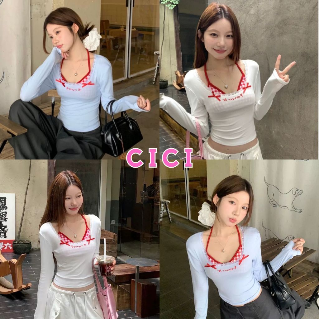 Cici(NO.1190-1) Set 2 ชิ้น เสื้อครอปแขนยาวเเต่งโบว์แต่งลูกไม้พร้อมปักลาย+คล้องคอมีฟองน้ำแต่งลูกไม้