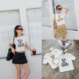 Marithe crop top🐻 เสื้อครอปตัวสั้น เสริมบ่าฟองน้ำ สกรีนลายหมี ทรงสวย ใส่สบาย