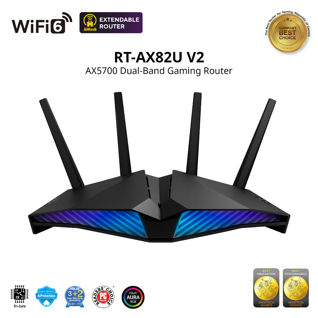 Modems & Wireless Routers 6190 บาท RT-AX82U V2 AX5400 Dual Band WiFi 6 Extendable Gaming Router, PS5 compatible, Mobile Game Mode, ASUS AURA RGB, Life Computers & Accessories