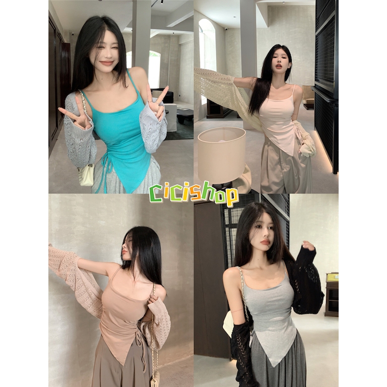 Cicishop(Z8030/J768)ชุด SET เสื้อสายเดี่ยว(มีฟองน้ำ)+เสื้อคลุมสีพื้น ดีเทลผูกเชือกด้านข้าง