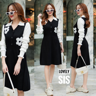 🌈🌿🌺🌸🌼🧡🤎🇰🇷Knit V Collar Floral Long Sleeve Dress
