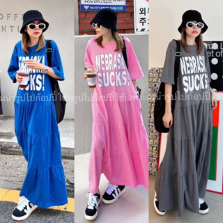 Yunaka เดรสสาวอวบ เดรสคอกลมแขนสั้น อก 46-52” Korea Style Oversize Dress