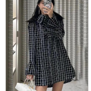 CHANEL MIDI DRESS เดรสสั้น เดรส สุดหรู ทรงเชิ๊ต แต่งปกระบาย ลายตาราง ชาแนล