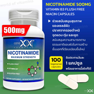 GENEX FORMULAS - Nicotinamide 500mg, Vitamin B3 Flush Free Niacin Capsules, 100 Vegetarian Cap(sku.2343)