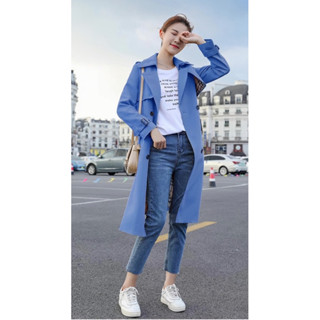 (พร้อมส่ง💐)Dusty Blue trench coat  สีสันสดใส