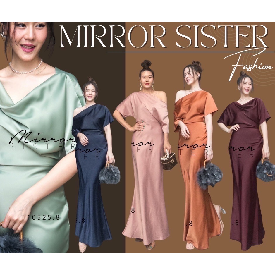 ป้าย Mirrorsister​ 10525.8 เดรสยาวดีไซน์หรูหรา ช่วงบนเป็นดีเทลเสื้อคอกว้าง ช่วงล่างเป็นกระโปรงยาวทรงหางปลา